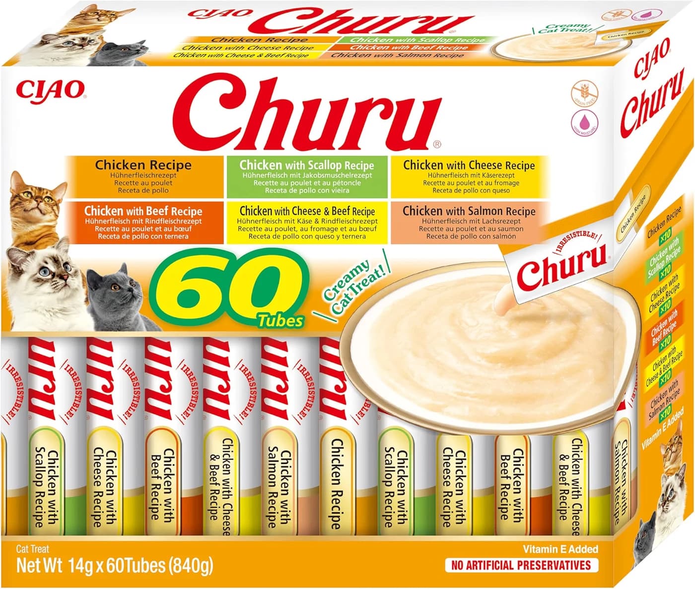 INABA Churu Cat Treat, Chicken Variety Box, 14 g x 60 Tubes